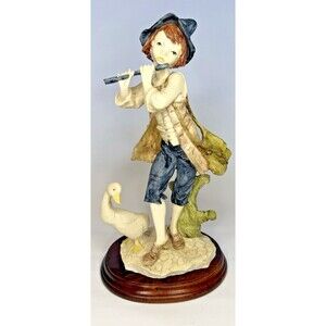 Capodimonte Style Boy Playing Flute Goose Figurine Italy Porcelain Wood Base VTG